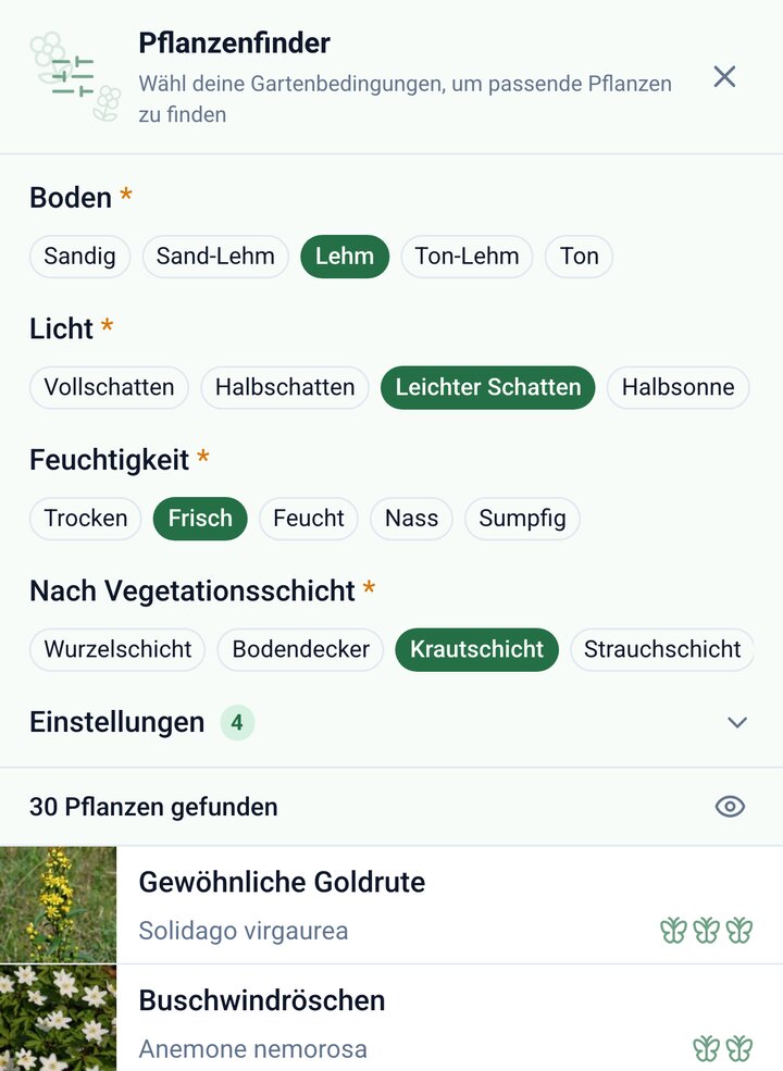 Der Pflanzenfinder mit den gewählten Bedingungen und den ersten Ergebnissen