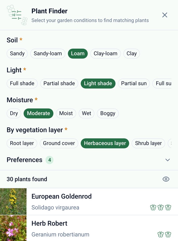 The Plant Finder with the chosen conditions and the first results
