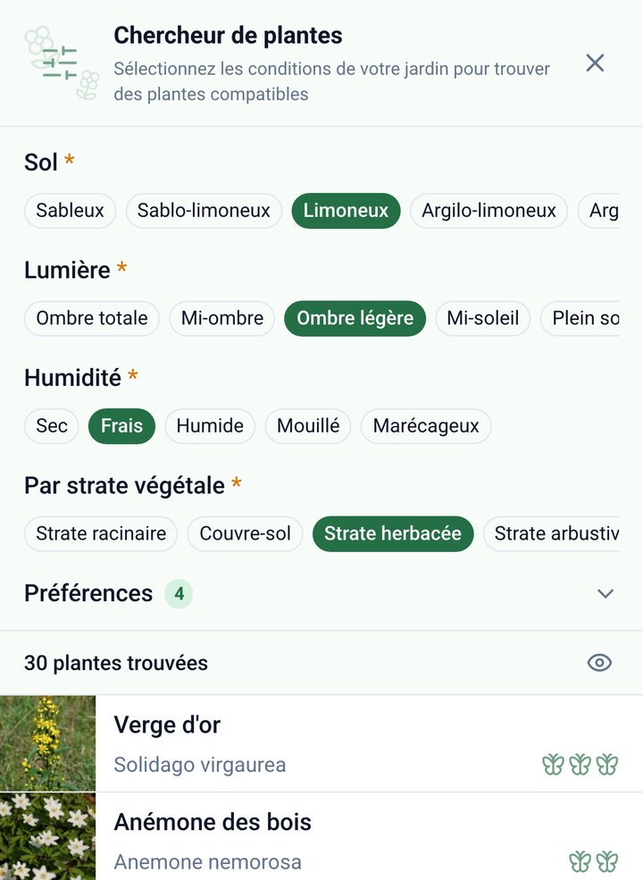 Le Chercheur de plantes avec les conditions choisies et les premiers résultats