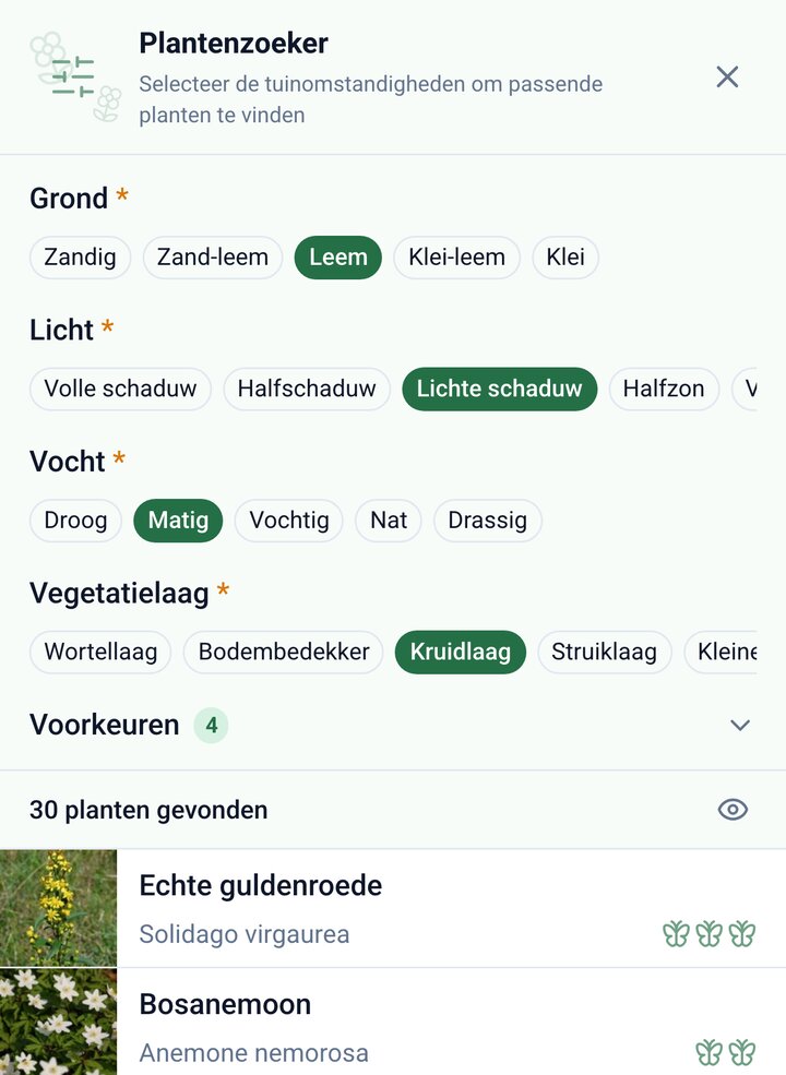 De Plantenzoeker met de gekozen omstandigheden en de eerste resultaten