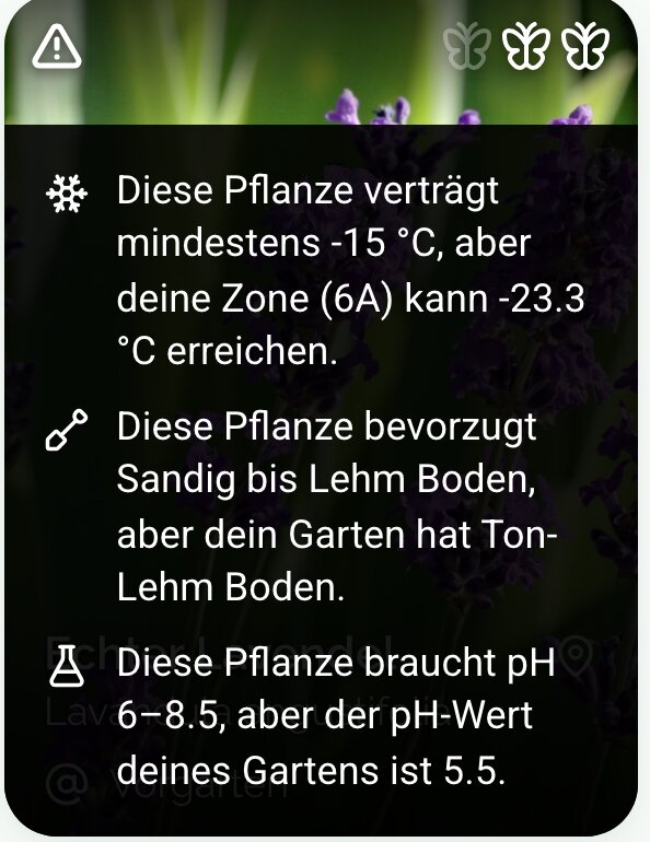 Eine Pflanzenkarte mit Warnungen zu Winterhärte, Boden und pH