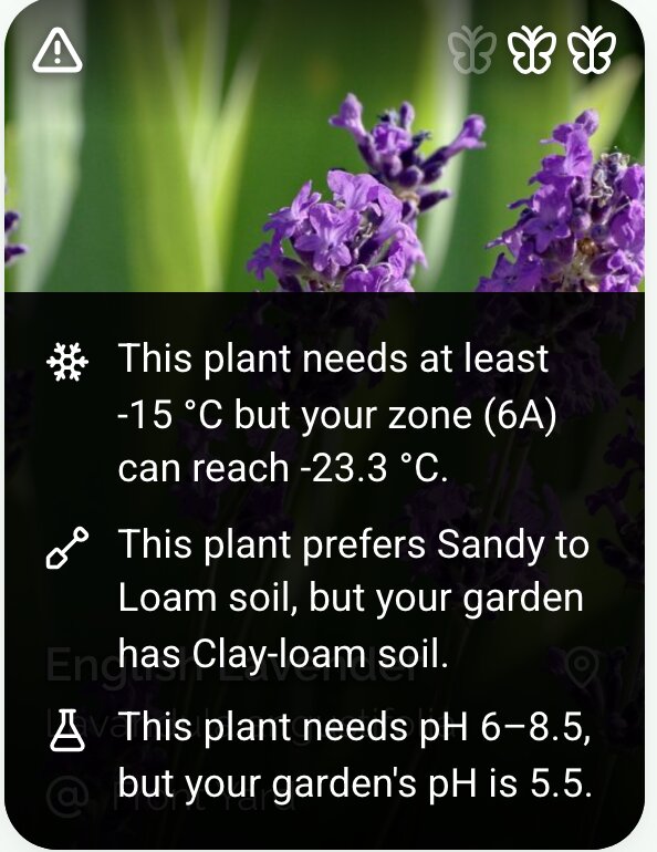 A plant card with warnings for hardiness, soil and pH