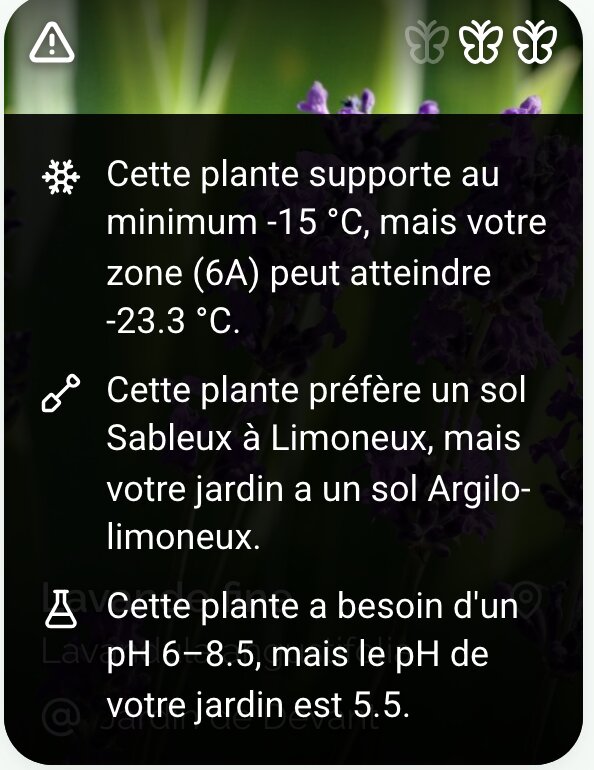 Une fiche de plante avec des avertissements de rusticité, de sol et de pH