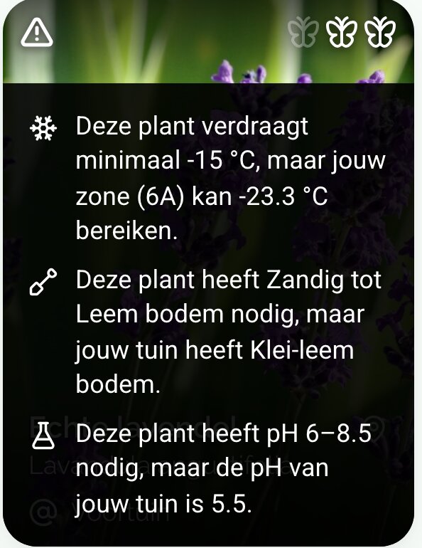 Een plantenkaart met waarschuwingen voor winterhardheid, bodem en pH