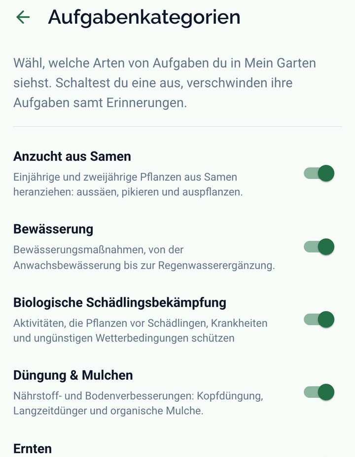 Der Bildschirm Aufgabenkategorien mit einem Schalter pro Kategorie