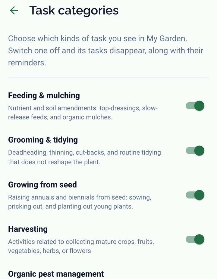The Task categories screen with a switch per category