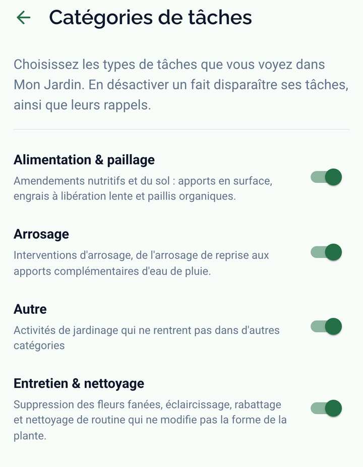 L'écran Catégories de tâches avec un interrupteur par catégorie