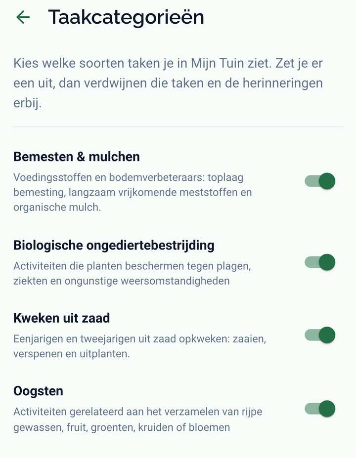 Het scherm Taakcategorieën met een schakelaar per categorie