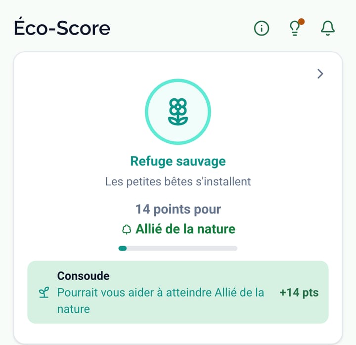 Le badge Éco-Score avec les points jusqu'au niveau suivant