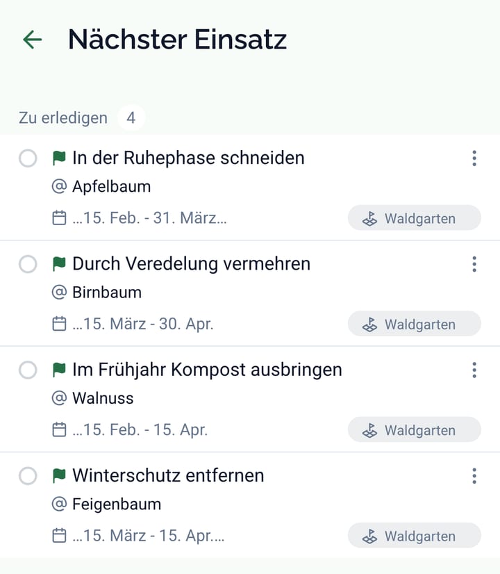 Der Bildschirm Nächster Einsatz mit vier markierten Aufgaben