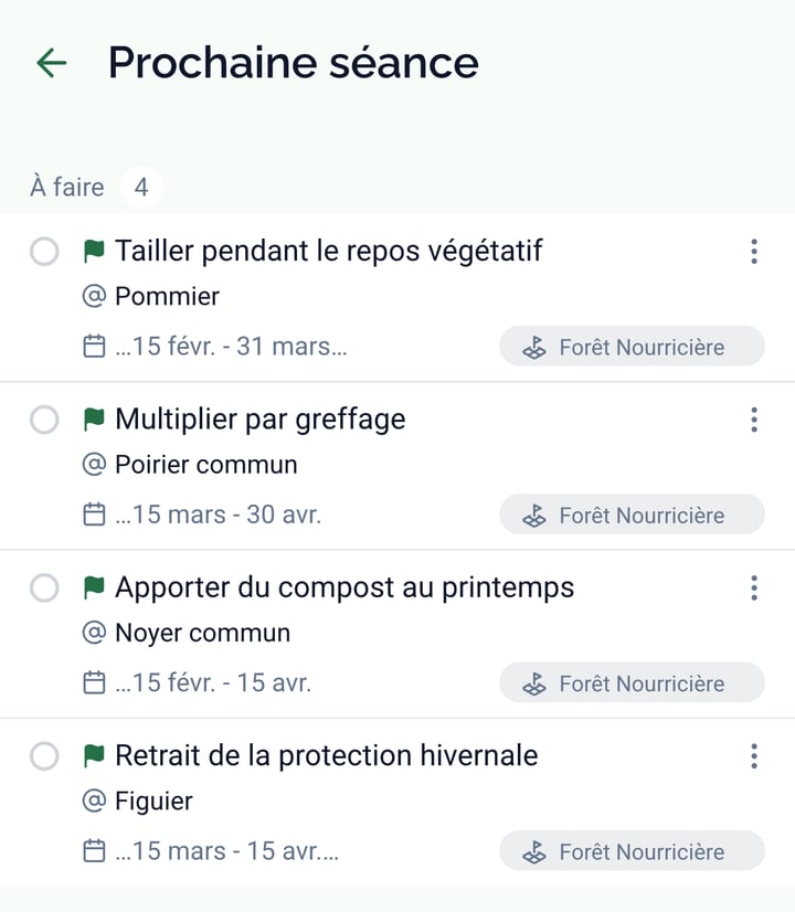 L'écran Prochaine séance avec quatre tâches marquées