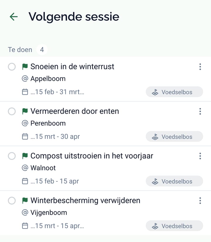 Het scherm Volgende sessie met vier gemarkeerde taken