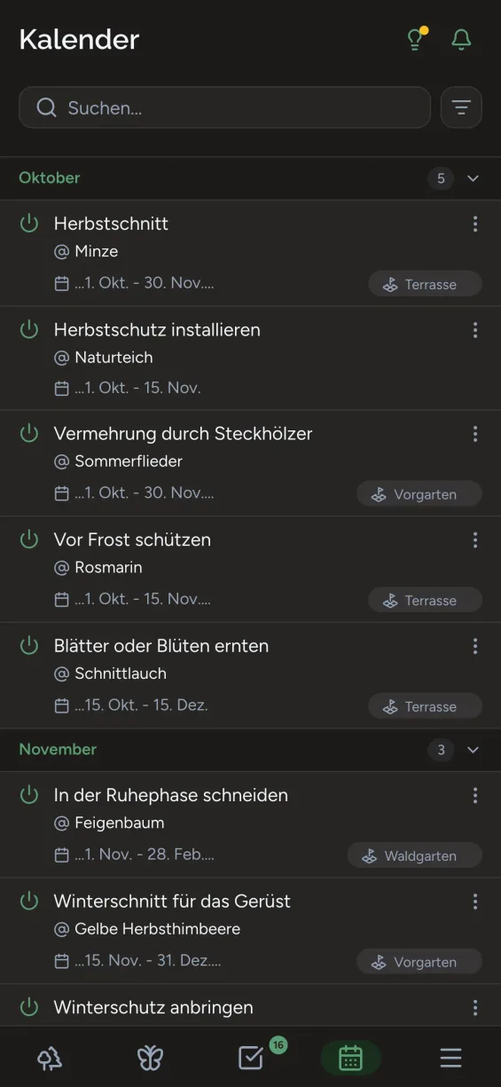 Gardiflora-App zeigt Kalenderansicht mit Gartenaufgaben