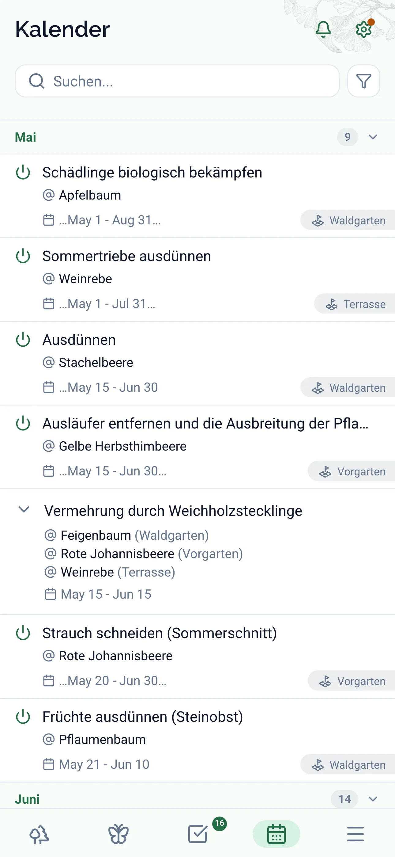 Gardiflora-App zeigt Kalenderansicht mit Gartenaufgaben