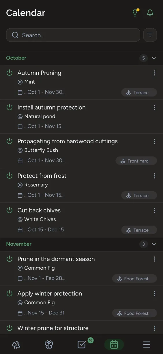 Gardiflora app showing calendar view with gardening tasks