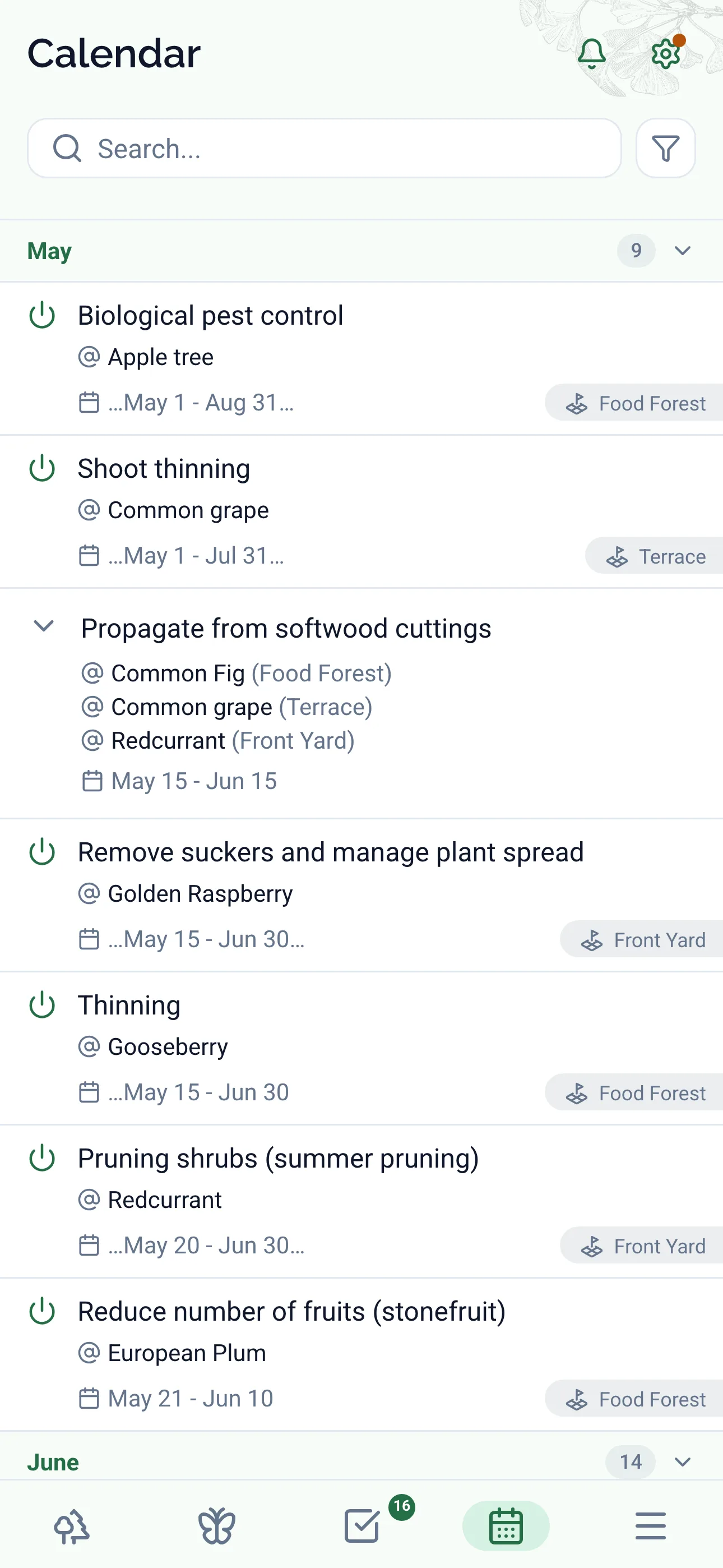 Gardiflora app showing calendar view with gardening tasks