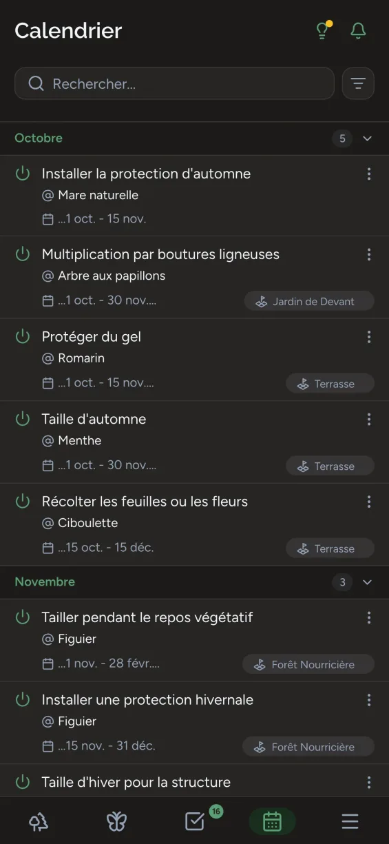 Application Gardiflora montrant la vue calendrier des tâches de jardinage