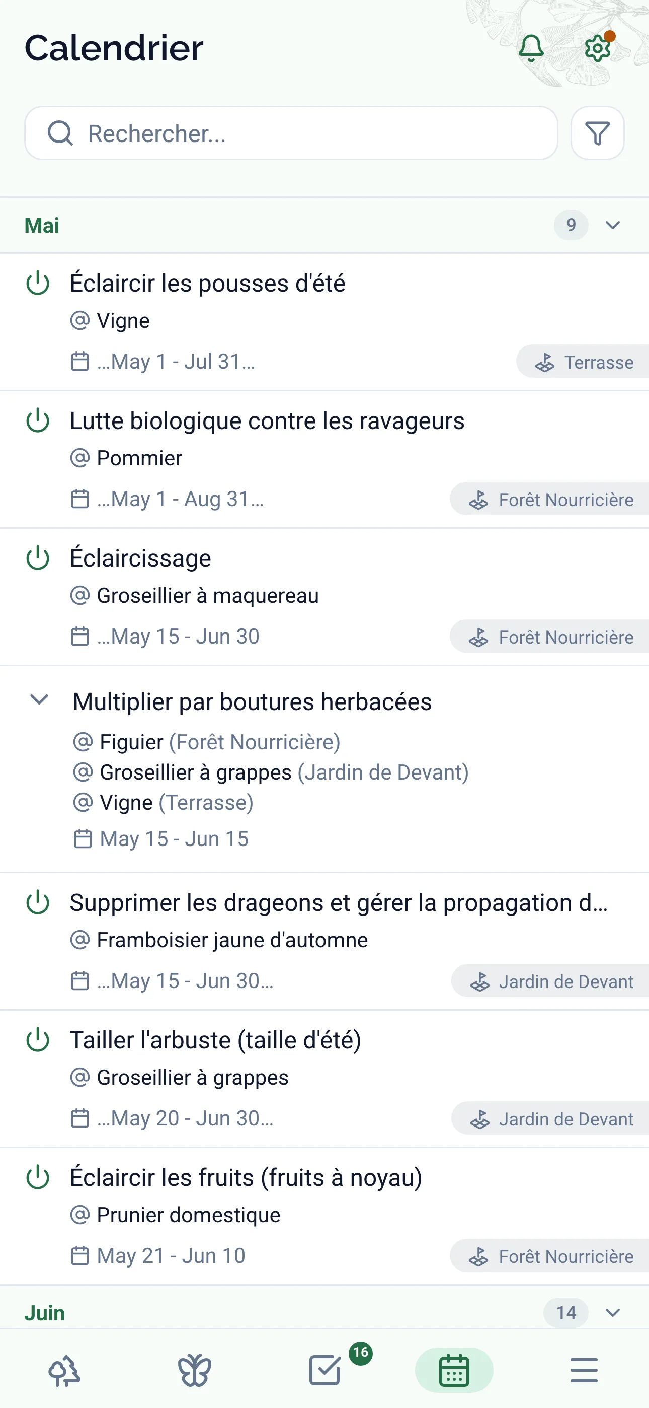 Application Gardiflora montrant la vue calendrier des tâches de jardinage
