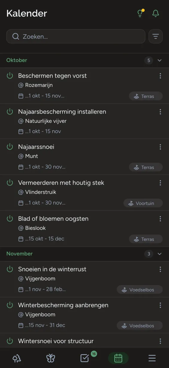 Gardiflora-app met kalenderweergave van tuintaken