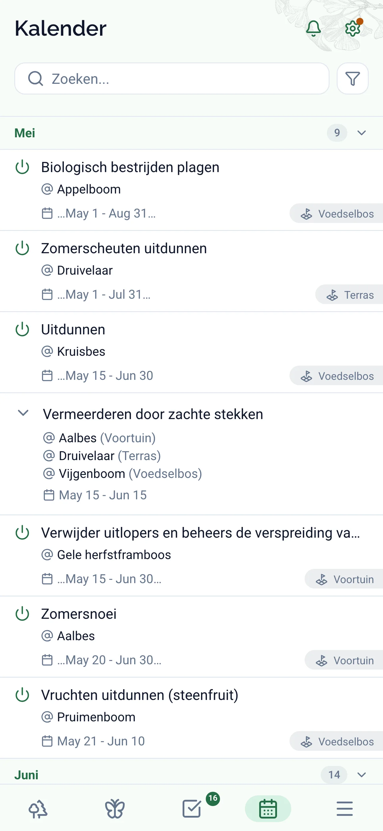 Gardiflora-app met kalenderweergave van tuintaken