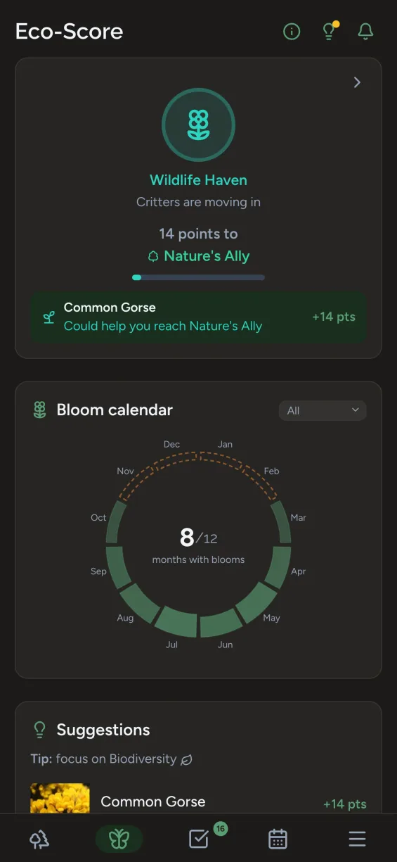 Gardiflora app showing Eco-Score for a plant with biodiversity impact