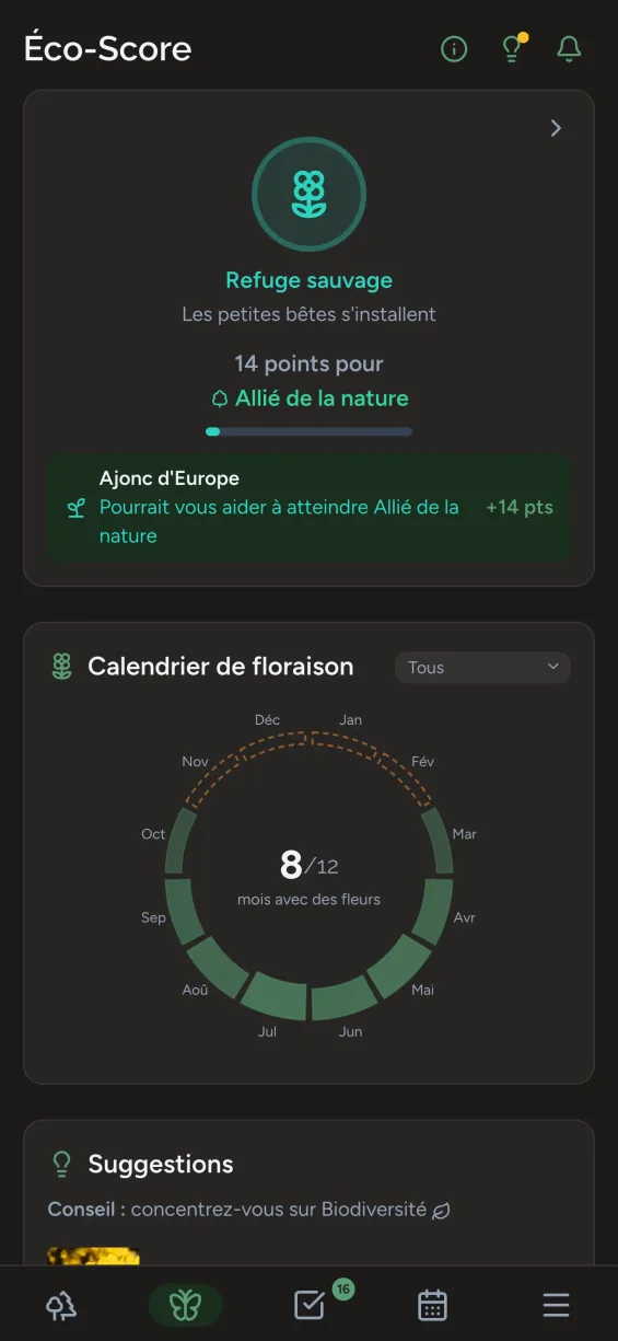Application Gardiflora montrant l'éco-score d'une plante avec l'impact sur la biodiversité
