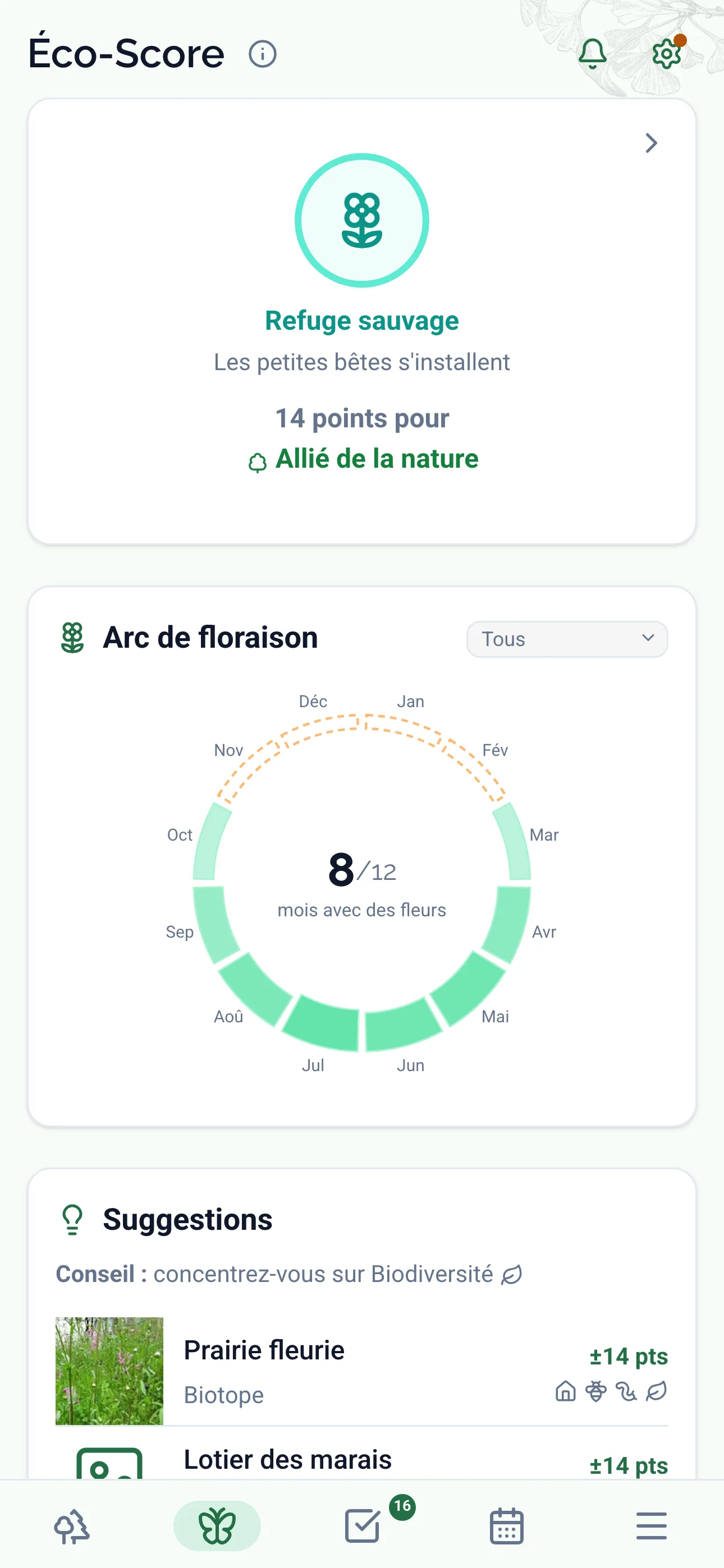 Application Gardiflora montrant l'éco-score d'une plante avec l'impact sur la biodiversité
