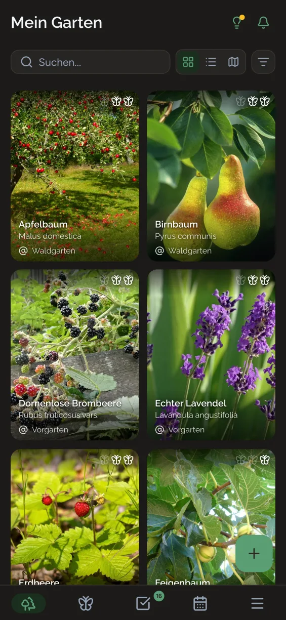 Gardiflora-App zeigt Gartenübersicht mit Pflanzen und Bereichen