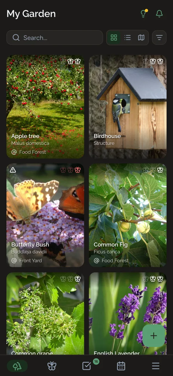 Gardiflora app showing garden overview with plants and sections