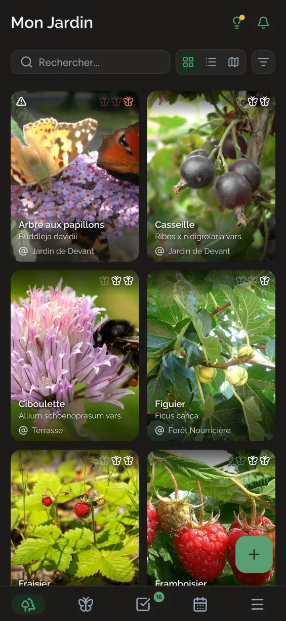 Application Gardiflora montrant l'aperçu du jardin avec plantes et sections