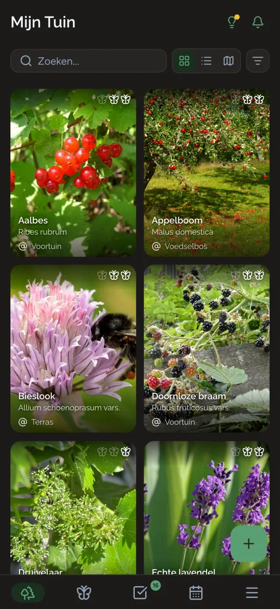 Gardiflora-app met tuinoverzicht van planten en secties