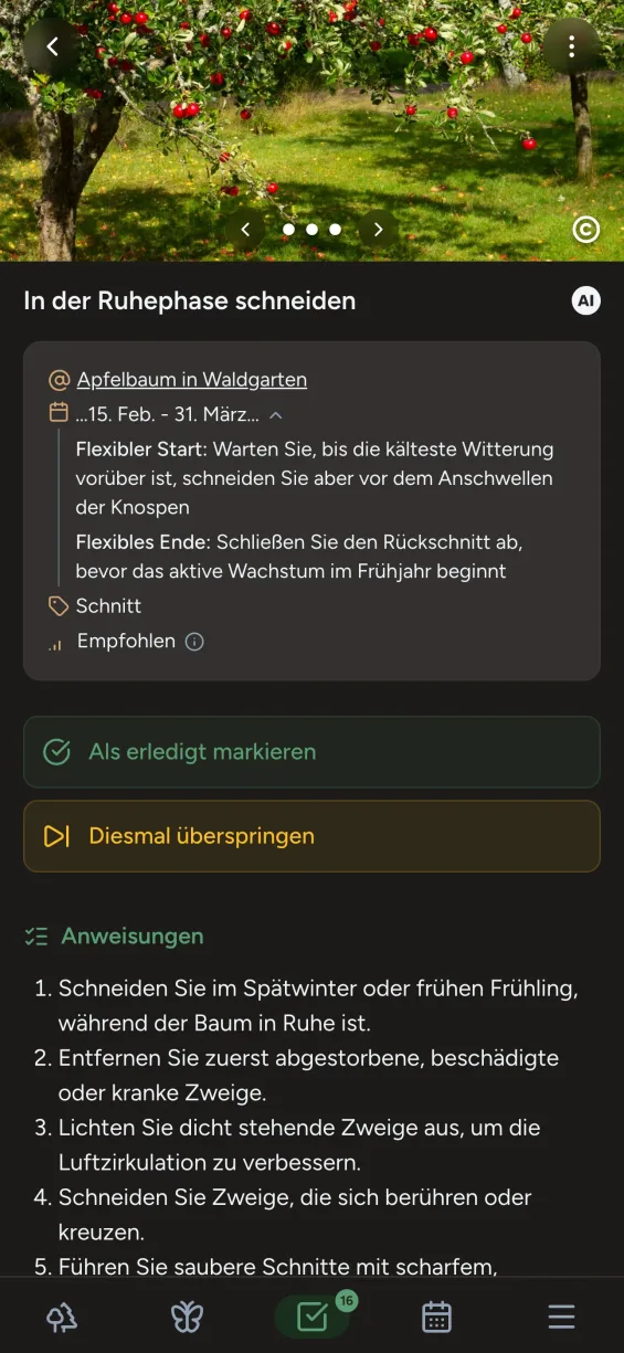 Gardiflora-App zeigt detaillierte Aufgabeninformationen mit Zeitplanung und Kontext