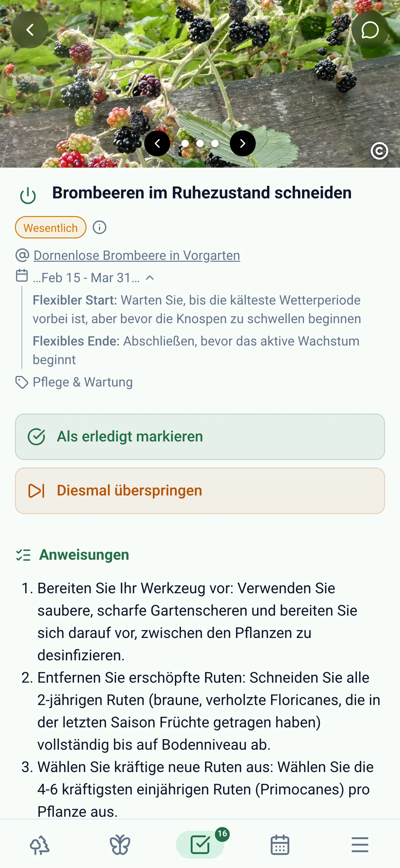 Gardiflora-App zeigt detaillierte Aufgabeninformationen mit Zeitplanung und Kontext