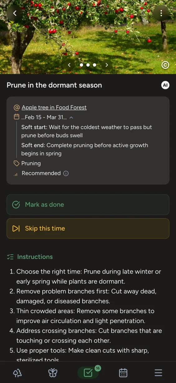 Gardiflora app showing detailed task information with timing and context