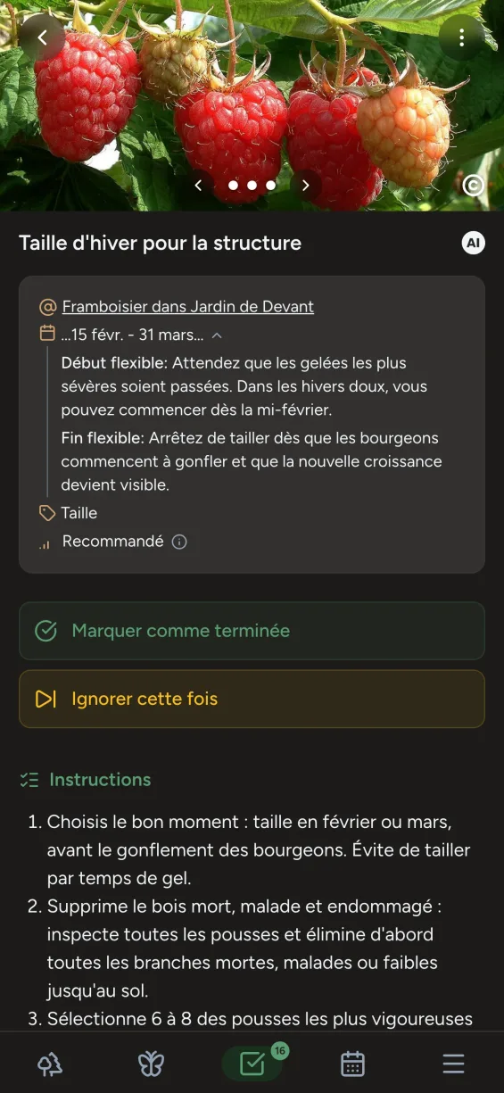 Application Gardiflora montrant les détails d'une tâche avec le calendrier et le contexte
