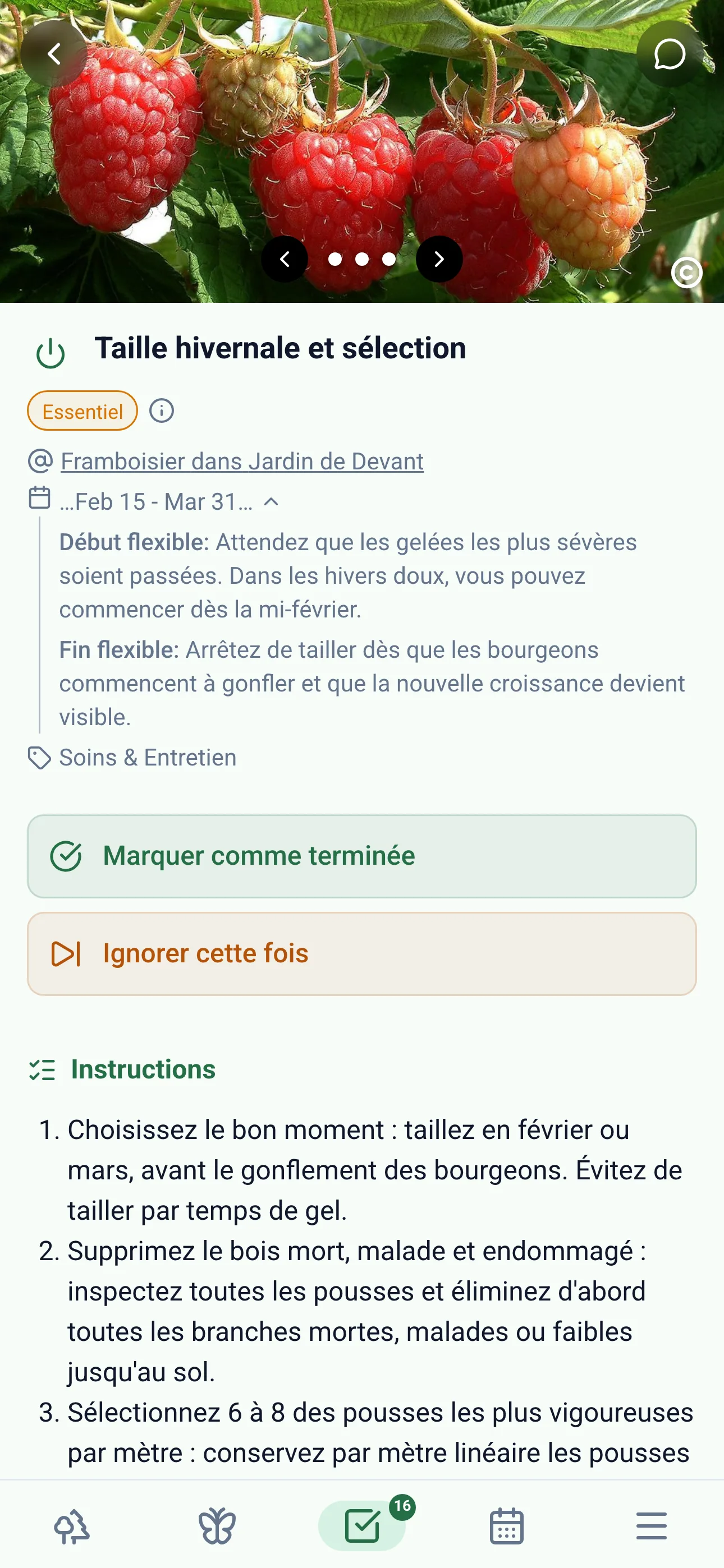 Application Gardiflora montrant les détails d'une tâche avec le calendrier et le contexte