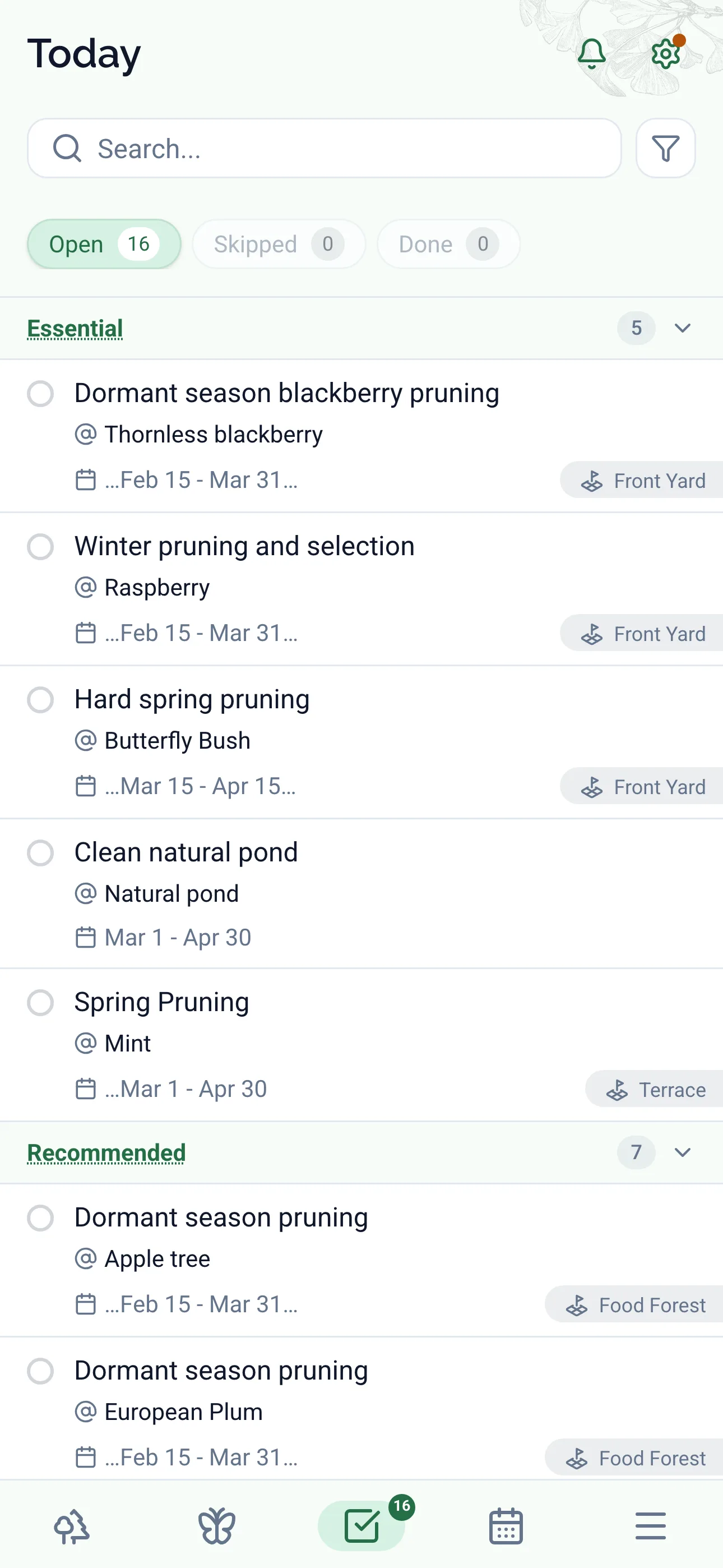 Gardiflora app showing seasonal gardening tasks