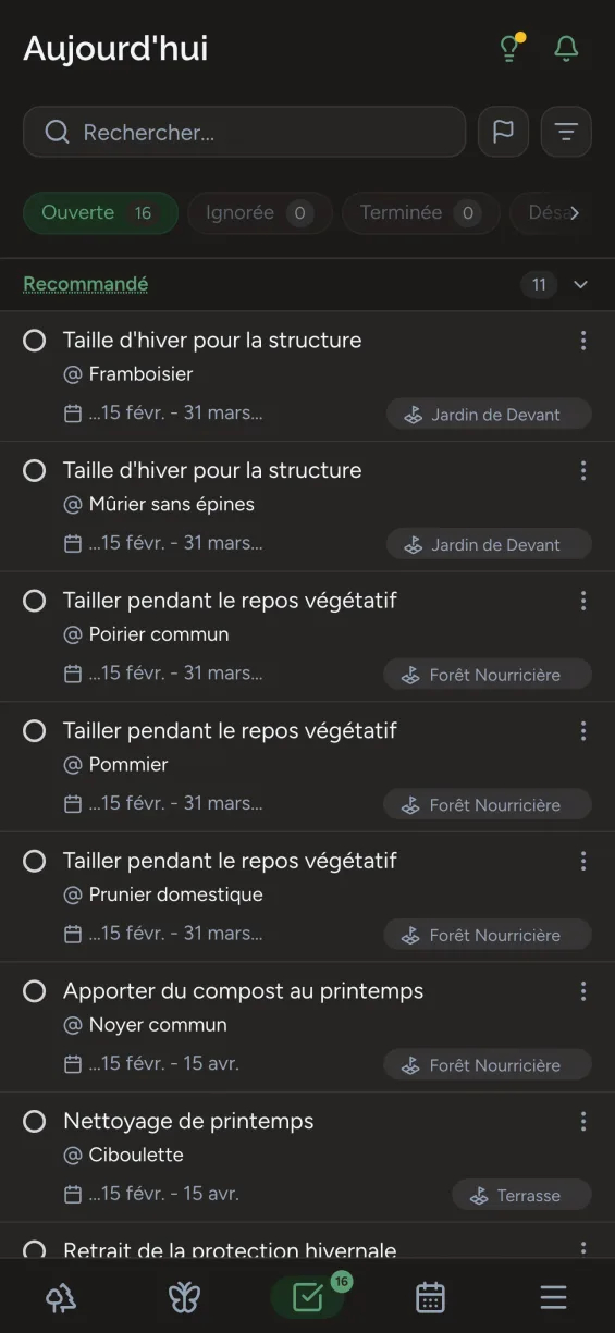 Application Gardiflora montrant les tâches de jardinage saisonnières