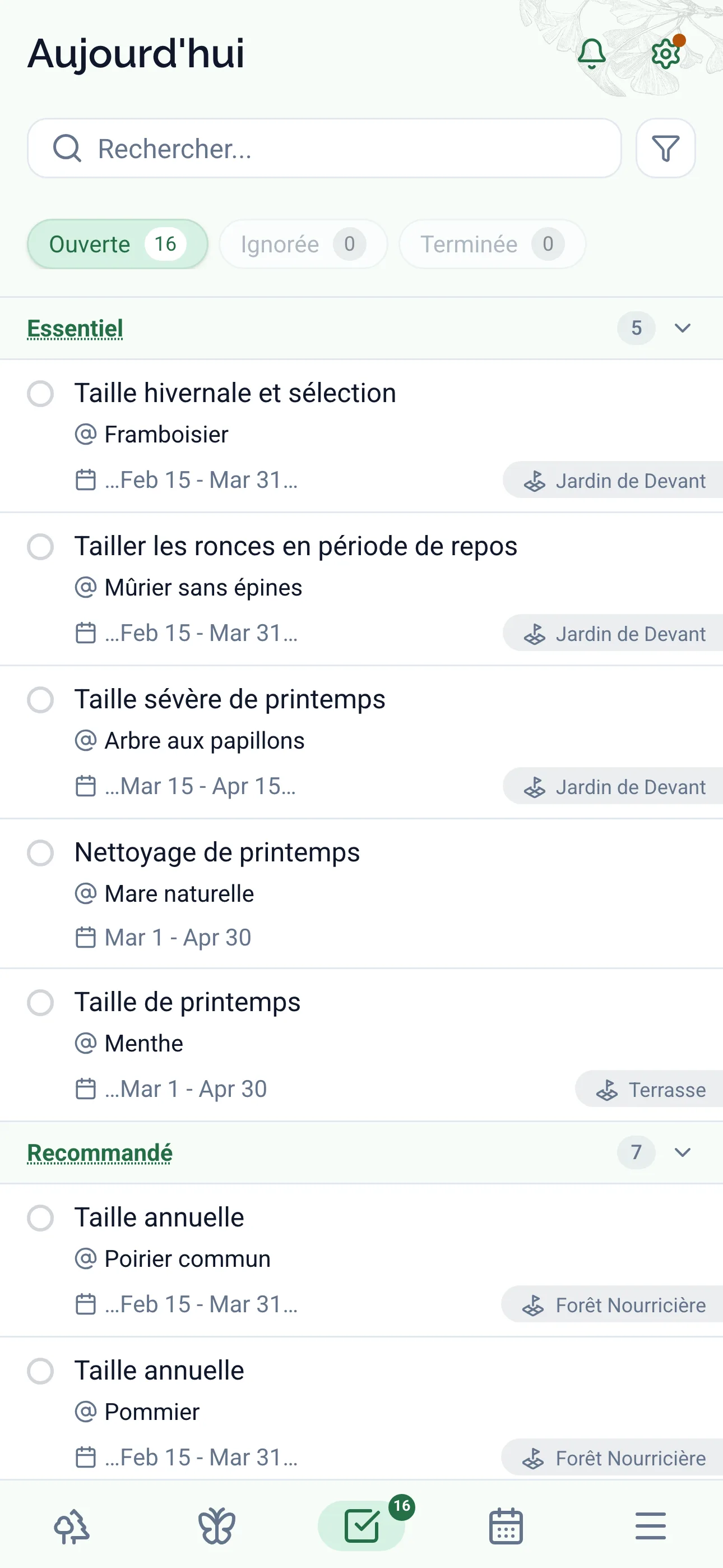 Application Gardiflora montrant les tâches de jardinage saisonnières